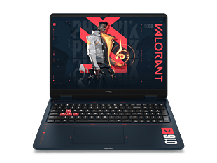 HyperX OMEN 16 inch Gaming Laptop PC 16-ap1066AX - 16" - RIOT blue (VALORANT Limited Edition) with warm red logo on cover (DK0H9PA) - Center facing