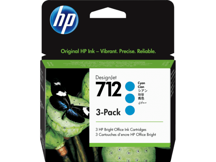 ตลับหมึกแท้ HP 712 สีฟ้า 29 มล. แพ็คละ 3 ชิ้น (3ED77A) สำหรับเครื่องพิมพ์พล็อตเตอร์ DesignJet T650, T230, T210 และ Studio