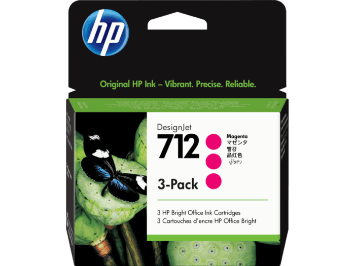 ตลับหมึกแท้ HP 712 สีม่วงแดง 29 มล. แพ็คละ 3 ชิ้น (3ED78A) สำหรับเครื่องพิมพ์พล็อตเตอร์ DesignJet T650, T230, T210 และ Studio