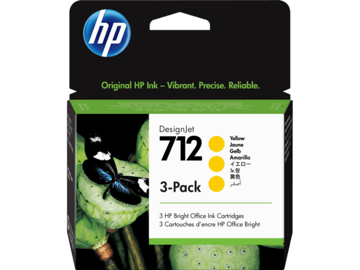 ตลับหมึกแท้ HP 712 สีเหลือง 29 มล. แพ็คละ 3 ชิ้น (3ED79A) สำหรับเครื่องพิมพ์พล็อตเตอร์ DesignJet T650, T230, T210 และ Studio
