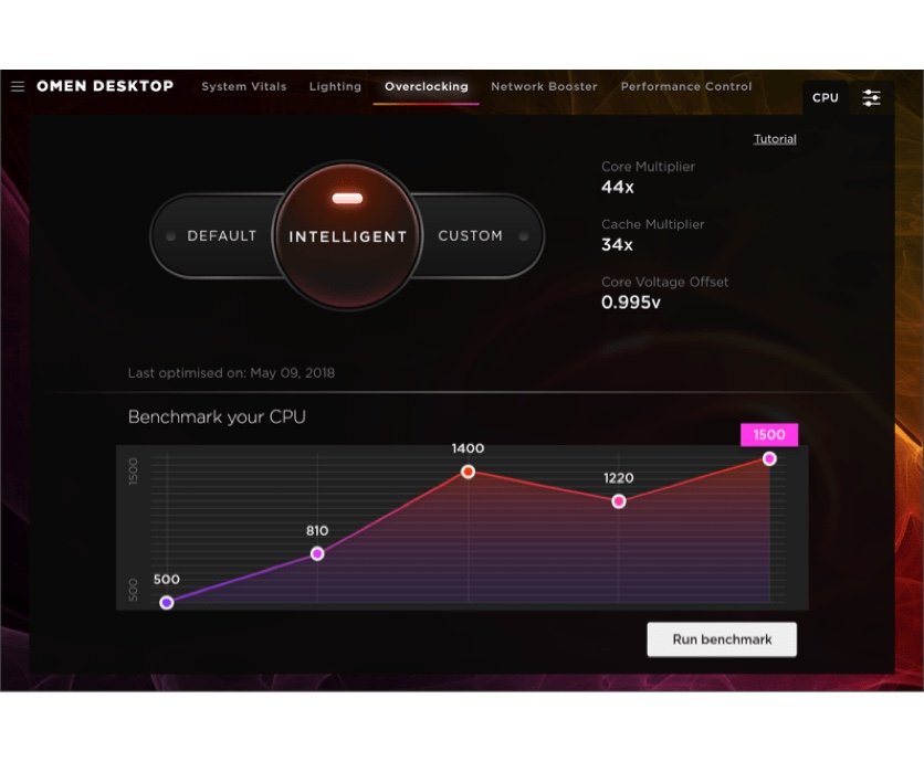 OMEN Gaming Hub software lets gamers overclock computer performance from benchmark CPU performance to improved performance (Tune)